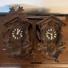 Vintage Cuckoo Clocks Germany Black Forest Pair Parts Repair No Weights Schatz