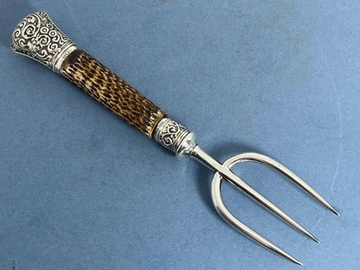 ANTIKES VIKTORIANISCHES HIRSCHGEWEIH HORNGRIFF MASSIV SILBER BROT / FLEISCHGABEL