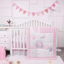 Baby Crib Bedding Set for Girls, Pink Elephant  Love Balloons 3 Piece Standa...