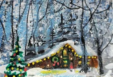 ACEO Original  PAINTING Winter XMAS HOUSE Cabin Trees Snow Holiday Landscape ART