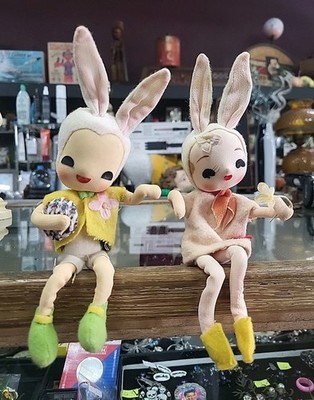 Vtg 1960s Felt Easter Bunny Pixie Girl Boy Shelf Sitter Kitschy 8.5'' Japan RARE 