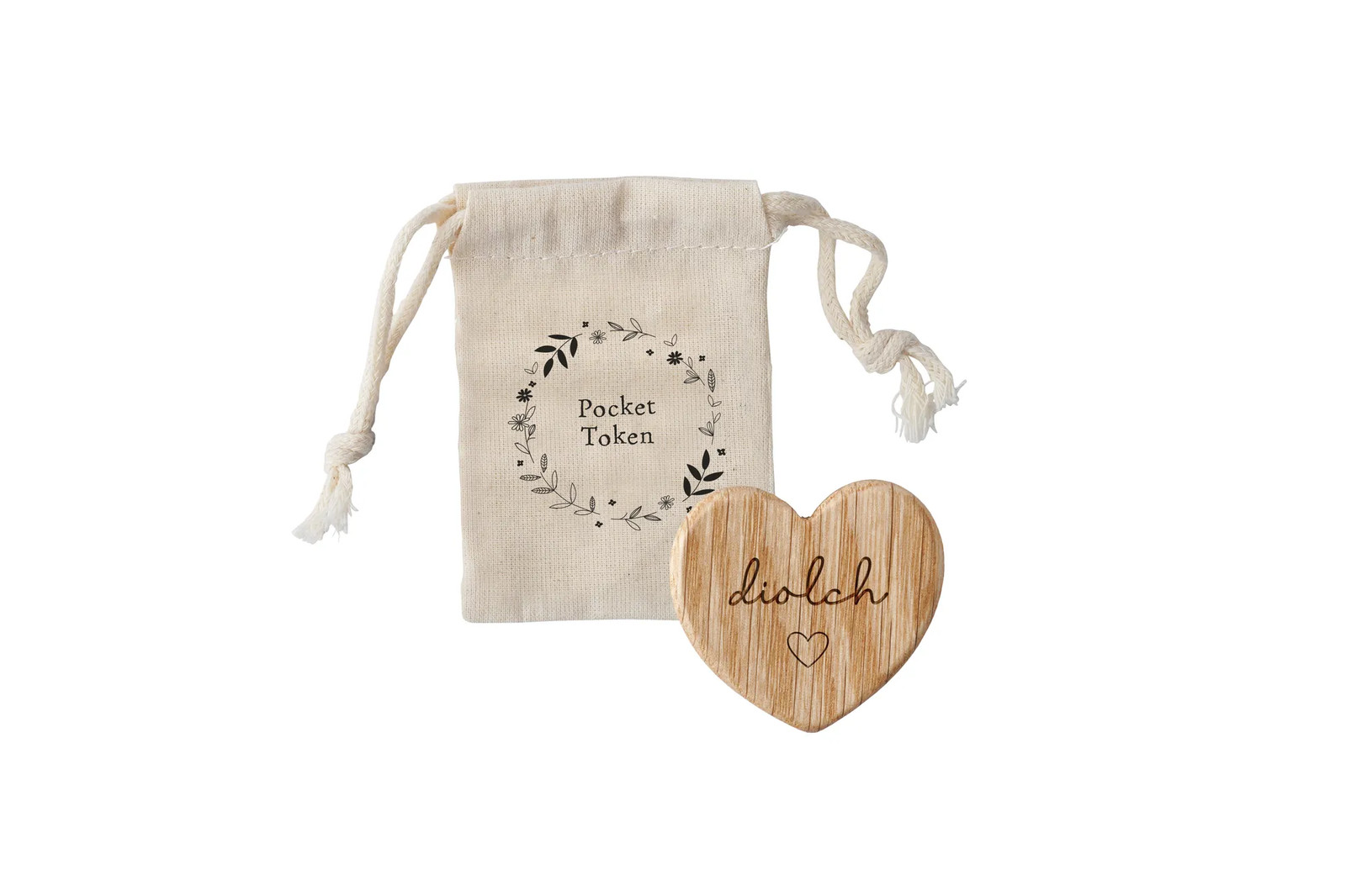 No Place Like Wales Oak 'Diolch' Heart Token Keepsake in Cotton Bag