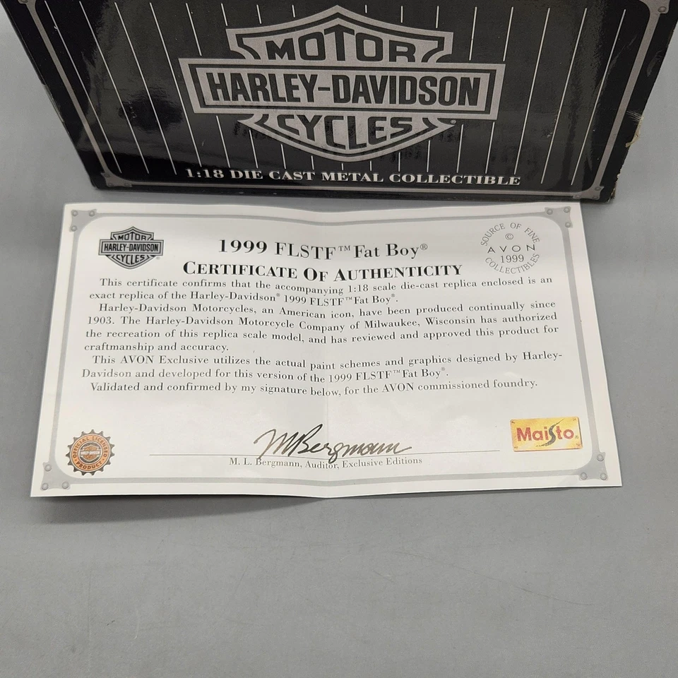 Vintage Harley-Davidson 1999 FLSTF Fat Boy 1:18 Die-Cast Model Maisto Box COA - Image 2 of 4