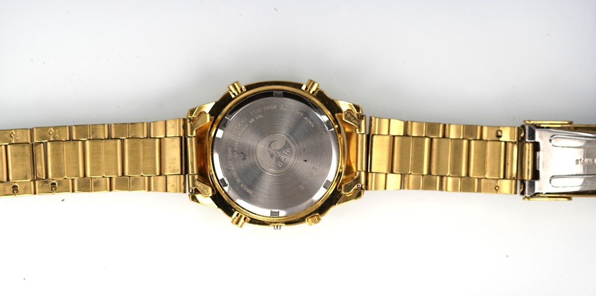 Seiko Men Watch 7T32-6M59 Gold Stainless 50m Date Chron Alarm