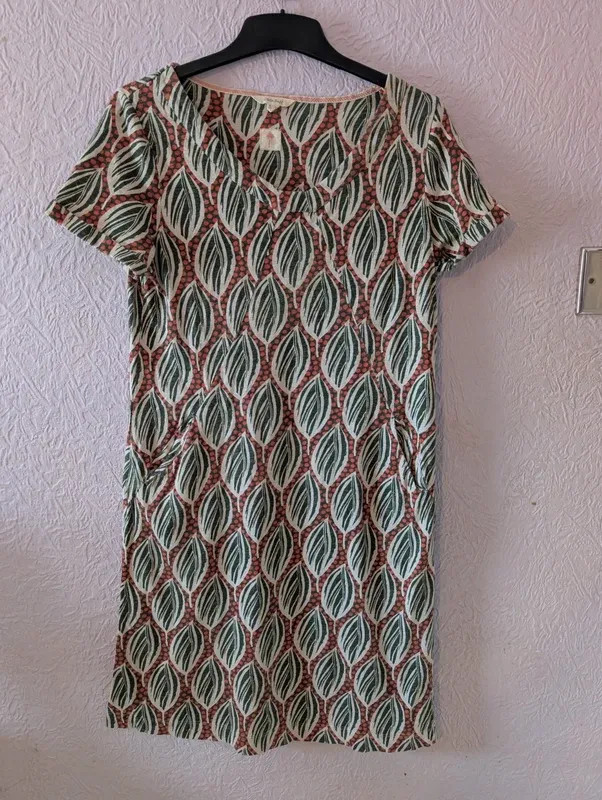 White Stuff Green Leaf Print Jersey Dress UK 12 Cotton Pockets Casual Summer