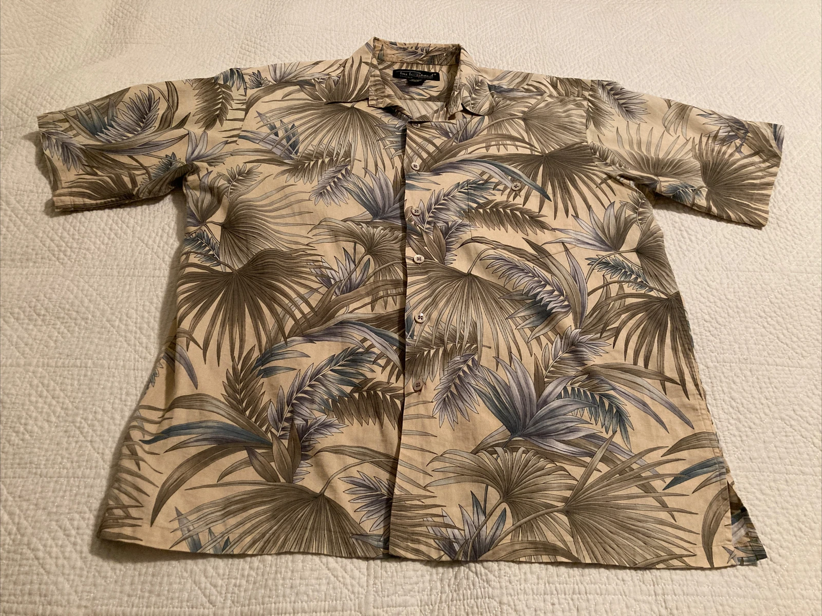 Tori Richard Hawaiian Shirt SZ L Green & Blue Palm Fronds On Beige