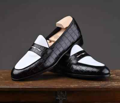 Handmade Leather Crocodile Texture Moccasin Black & White Dress Loafer Men Shoes
