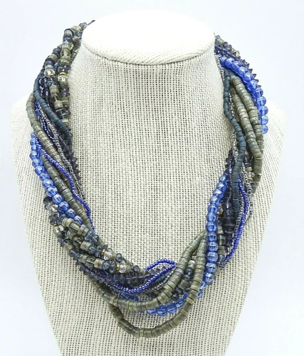 Vintage Necklace Blue Gray Bead Shell 12 Strand Estate Costume Jewelry 18"