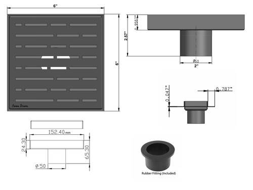 SereneDrains 304 SS 6 Inch Square Matte Black Shower Drain Kit Floor Broken Lane - Picture 5 of 9