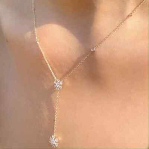 Authentic 1.65 Ct Moissanite Flower Y-Drop Lariat Station Necklace 14K Yellow Gold Plated