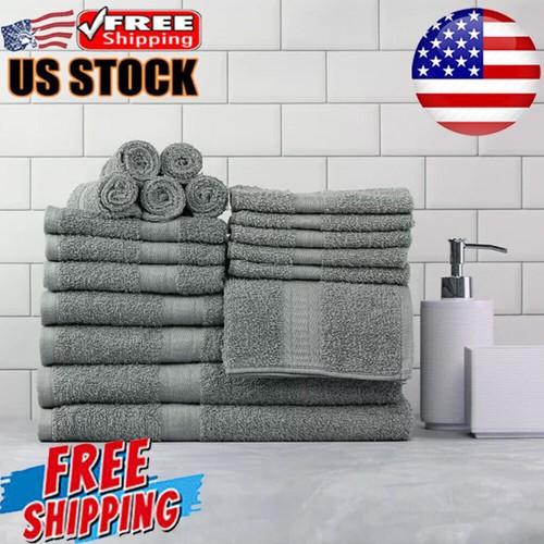 Solid Bath Towel Set 100% Cotton Plush Soft Absorbent Maching Washable Grey New