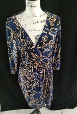 Chaps Womens Blue Brown Faux Wrap Dress Stretchy Size L Geometric Print z22