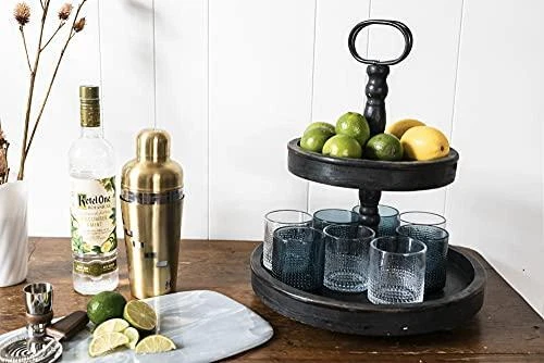 Creative Co-op EC0112 Distressed Wood 2-Tier Tray with Metal Handle, Black - Image 3 of 4