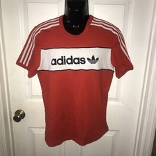 Adidas Shirt Size LARGE Red White Tee Short Sleeve Spell Out Graphic Trefoil