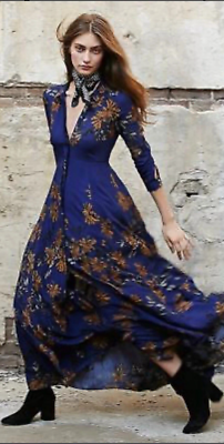 knee length dresses for ladies Free People Organza Mustard With Floral Long Sleeve Front Buttons Deta   The Thrifty Hippy