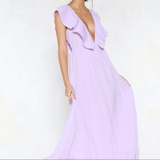 WOMEN LILAC RUFFLE V NECK MAXI DRESS ( IN SIZES UK6, UK8, UK12 )