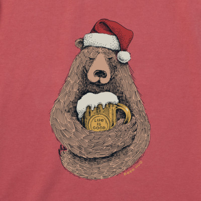 NWT Men's Life Is Good Beer Hug Santa Bear Red SS Crusher