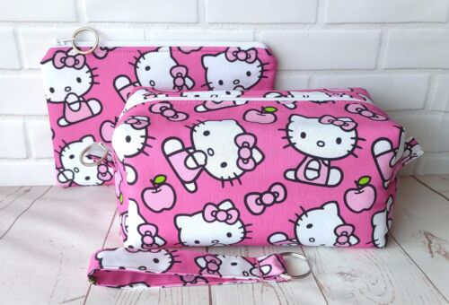 HELLO KITTY Boxy Pouch Zipper Purse Makeup Travel Project Bag Keychain Gift Set - Picture 1 of 10
