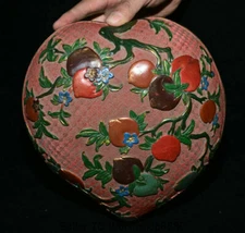 10" Qianlong Marked Old Red Lacquerware Painting Peach Jewelry box jewel case