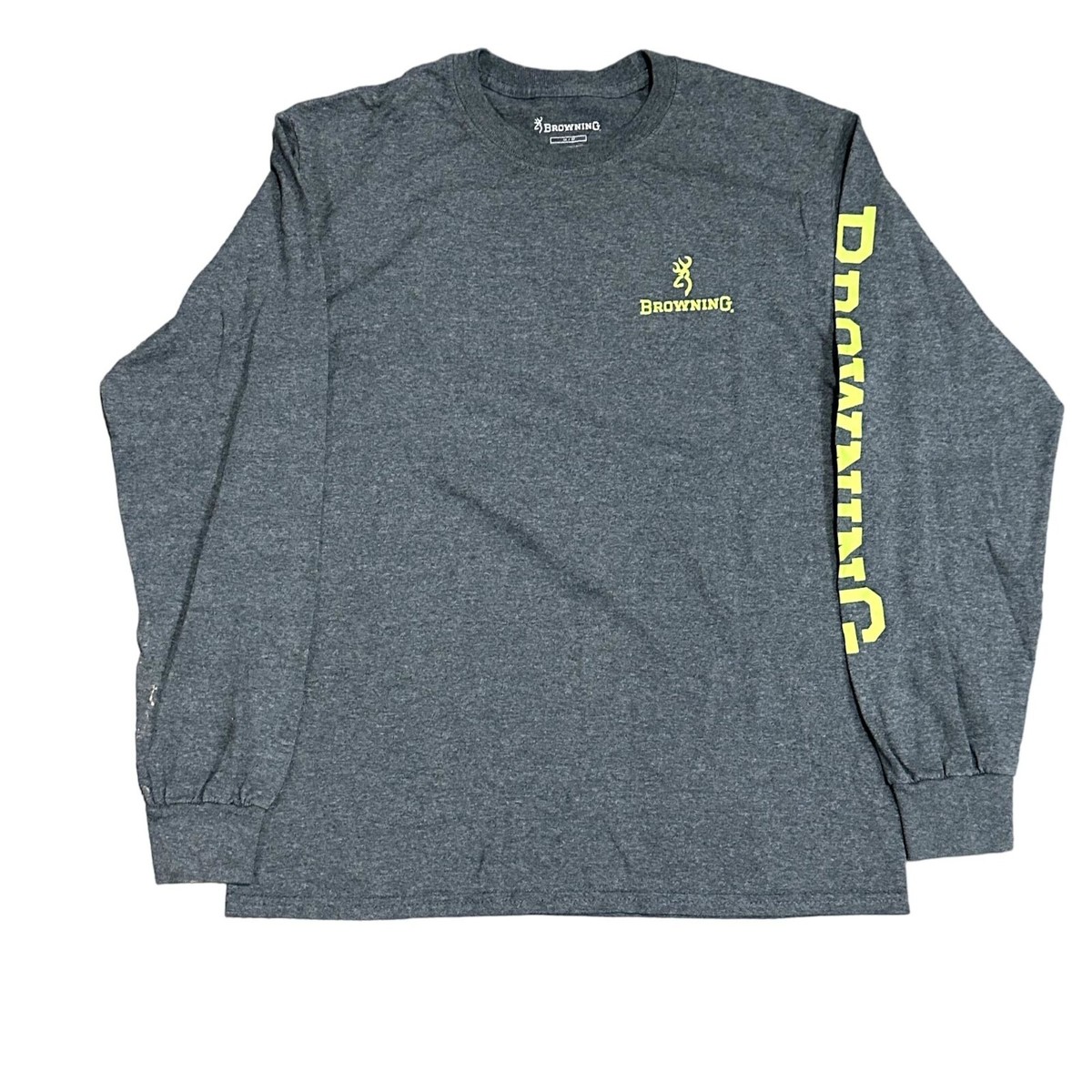 Browning Mens M Gray Long Sleeve TShirt Deer Camo Lime Green Logo
