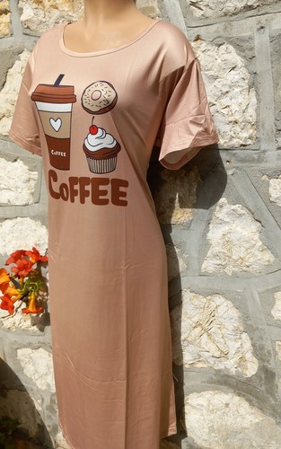 Robe De Sommeil Femme beige à Motif De Café Taille L - Picture 6 of 10