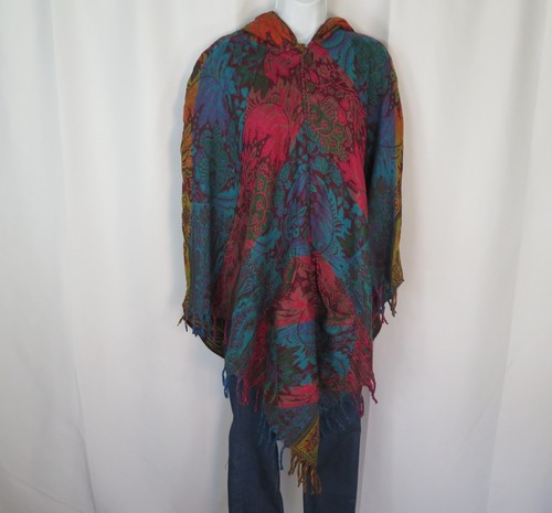Poncho| 2 Button|Fringe| Hood+Pocket|Boho| MT | Yak Wool Blend|1 Size| Red/Blue - Picture 6 of 8