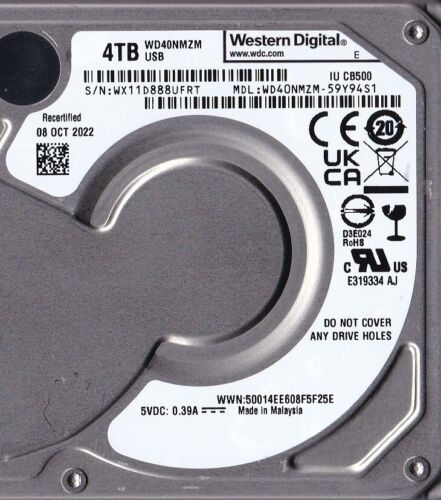 WD40NMZM-59Y94S1 WD s/n: WX11D8 OCT/2022 Malaysia 4TB USB-C 2.5" HDD 5705 - Picture 2 of 4
