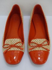 TORY BURCH Catherine orange patent with raffia smoking slippers flats shoes 6.5