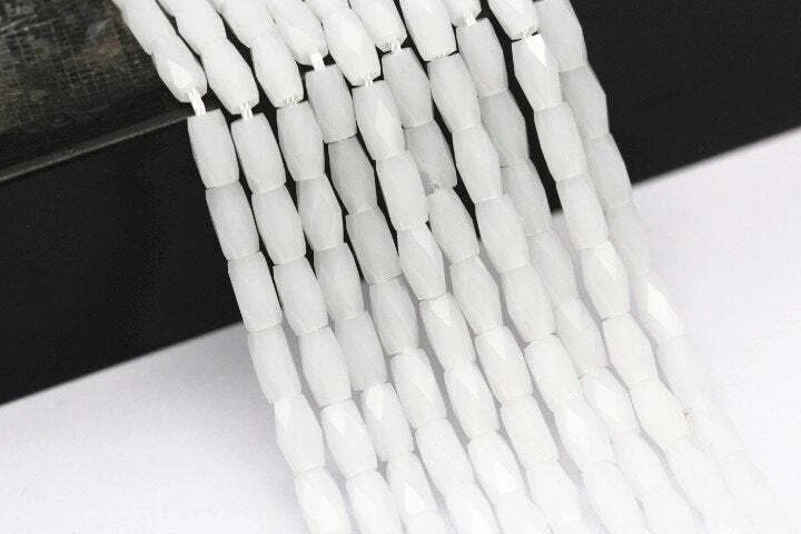 White Opaque Crystal Glass Faceted Rice Tube Beads 4x6mm 15.5" Strand - Image 2 of 4