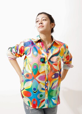rainbow dress shirt women Abstract print multicolor summer shirt, partywear, rainbow shirt