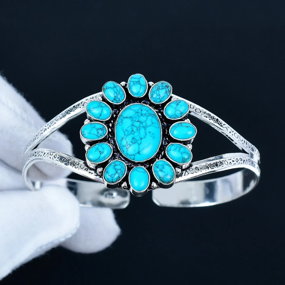 925 Sterling Silver Natural Turquoise Gemstone Handmade Jewelry Cuff Bracelet - Image 2 of 4