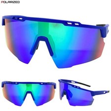 Mens Oversized Sporty Wrap Around Cycling Fishing SUNGLASSES Blue POLARIZED Lens