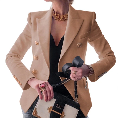 Zweireihiger Damen Blazer Mantel Langarm Revers formell schmale Jacke Oberbekleidung | - Bild 14 von 26