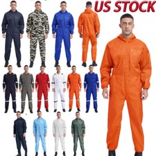 Men Hooded Coverall Long Sleeve Dungarees Front Half Zipper Bodysuit Workwear