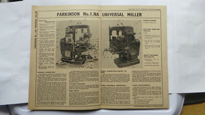 PARKINSON No 1 NA UNIVERSAL MILLER MACHINE ENGINEERING DATA CHART PARKSON LATHE