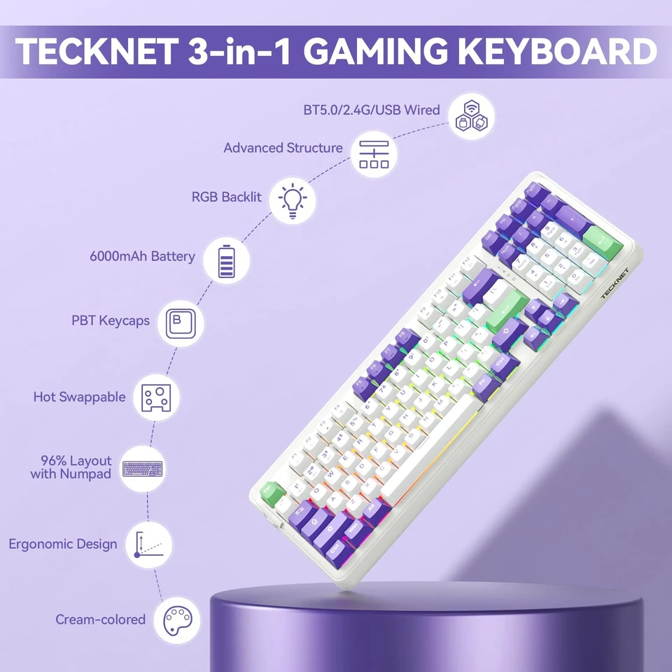 Mechanical Gaming Keyboard,Tri-Mode Bluetooth/2.4GHz/USB-C Custom Creamy Keyb... - Image 2 of 4