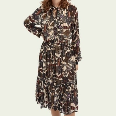 Scotch & Soda Boho Floral Tiered Midi Dress Long Sleeve Prairie Folk Peasant S