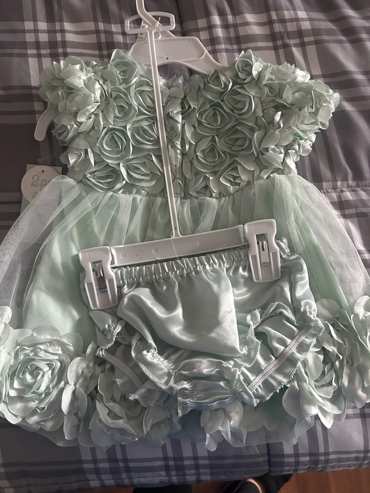 Vestido de Fiesta Nannette Bebé Niña Verde Menta Satinado Talla 12 Meses Tul Foto 2 de 2