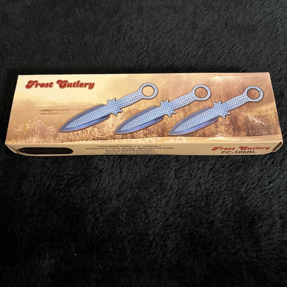 JUEGO DE CUCHILLOS PARA LANZAR CUBIERTOS ESCARCHA 3 piezas con funda acabado titanio azul Foto 2 de 4