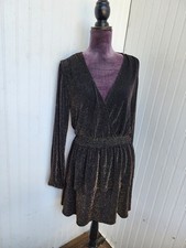 Michael Kors Dress Gold Metallic Black Glitter Stretch Faux Wrap Ruffle Hem XL