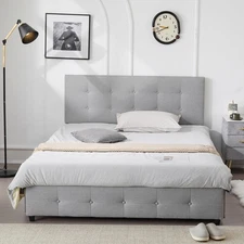 Upholstered Full Size Bed Frame with Headboard Storage Drawers Adjustable Grey