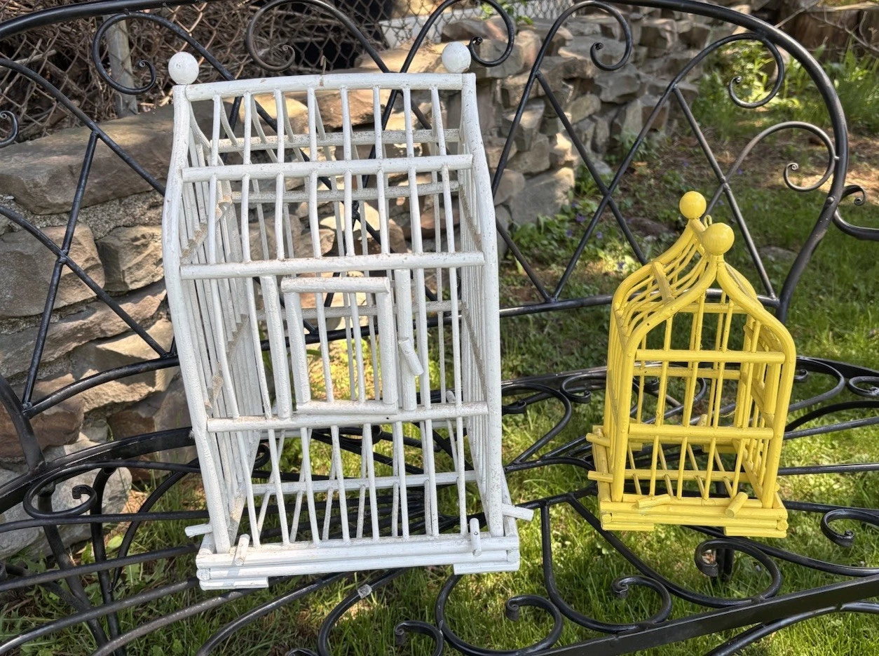 Pair Of Bamboo Hanging Decorative Bird Cages, White 16” X 11”, Yellow 10” X 7”
