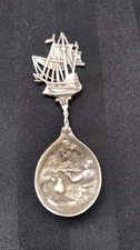 Antique Solid Silver Tea Caddy Spoon Sailers In Tavern w/ Ship Handle