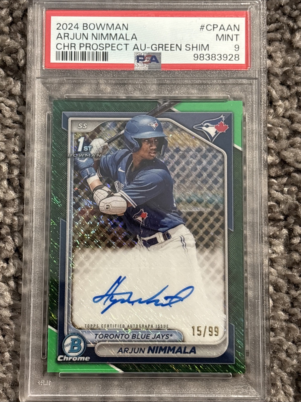 2024 Bowman Chrome 1st Arjun Nimmala Auto /99 Green Shimmer #CPA-AN PSA 9