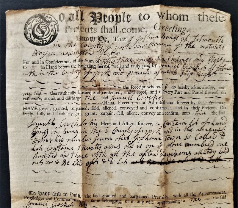 1756 antique COLONIAL DEED falmouth gorham york me JOSH BANGS SAM CROCKET draper