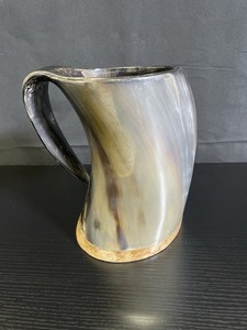 Handmade Viking Ox Horn Beer Mug Tankard with Curved Handle 7” Rustic Cup