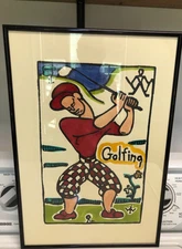 Framed Walter Anderson Blockprint hand colored Golfing 9 x 14