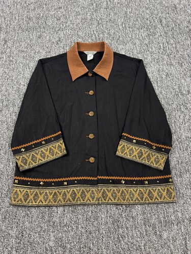 Stonebridge Jacket Women Medium Black Linen Metallic Gold Embroidery Studded