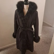 Vintage Dana Buchman Coat Large L Brown Fur Collar Sleeves Trim Luxury Winter
