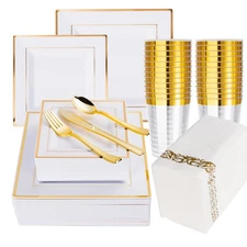 50 Guest Gold Dinnerware Set-100 White Square Plastic Plates with Gold Rim, 5...